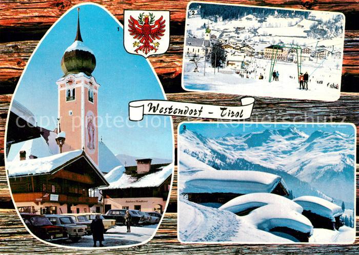 Westendorf Tirol Wintersportplatz Alpen Skilift Berghuetten Motiv mit Kirche