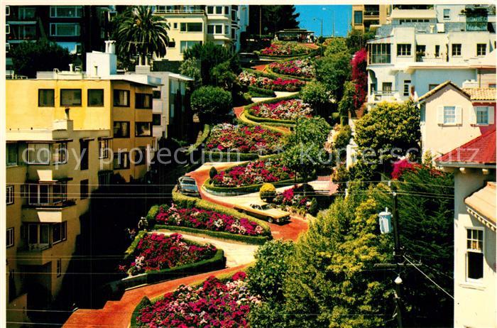 San Francisco California Cable car passes above the crookedest street