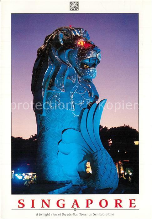 Singapore Twilight view of Merlion Tower on Sentosa Island