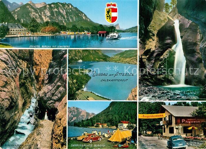 Burgau Attersee Salzkammergut Seehotel mit Schafberg Burggrabenklamm Campingplat