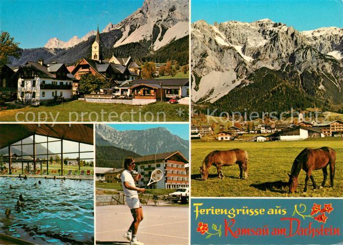 Ramsau Dachstein Steiermark Ortsansicht mit Kirche Hallenbad Tennis Pferde Alpen