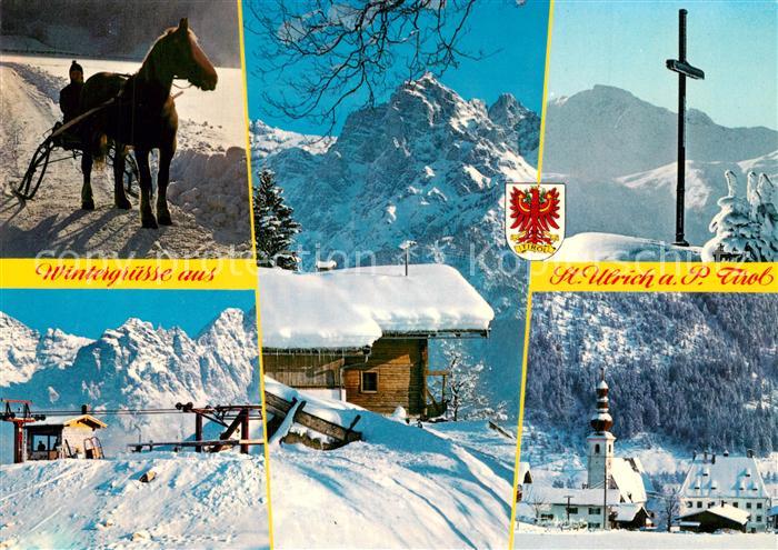 St Ulrich Pillersee Pferdeschlitten Seilbahnstation Gipfelkreuz Kirche