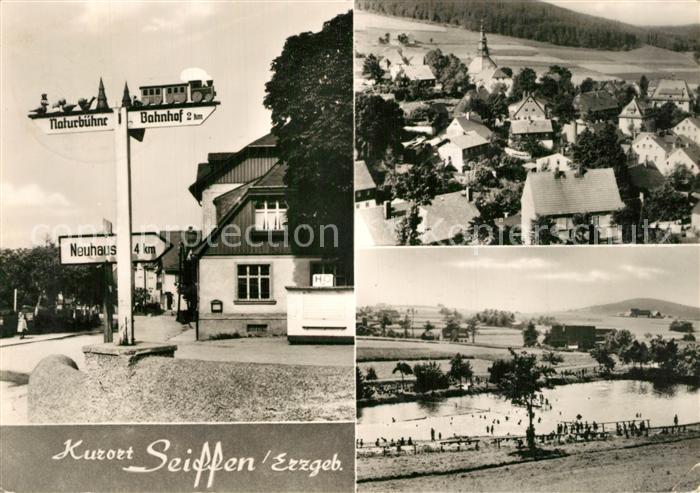 Seiffen Erzgebirge Ortsansicht mit Kirche Badesee Wegweiser
