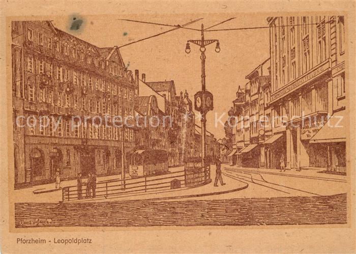 Pforzheim Leopoldplatz Zeichnung Kuenstlerkarte