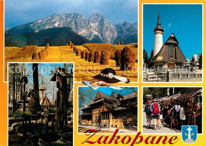 Zakopane Panorama Blick ueber die Felder Berge Kirche Waldhuette Souvenirladen