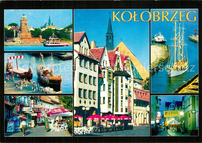 Kolobrzeg Polen Leuchtturm Hafen Motiv in Innenstadt StrassenCafes