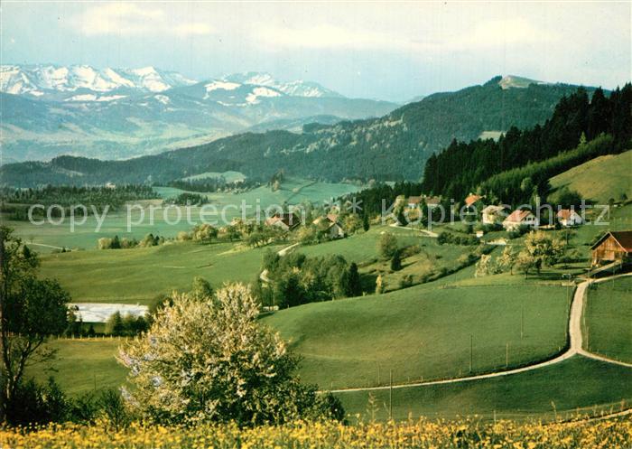 Scheidegg Allgaeu Blick vom Kreuz auf das Alpenfreibad mit Bregenzerwald