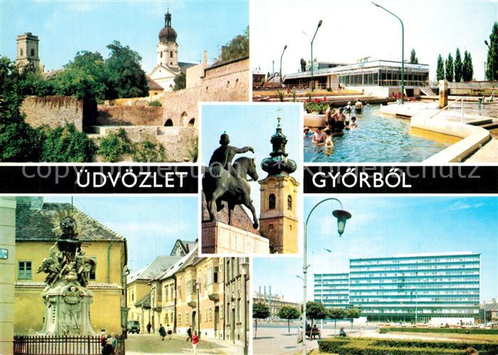 Gyoer Stadtmauer Kirche Freibad Strassenpartie Denkmal Reiterstandbild Hotel