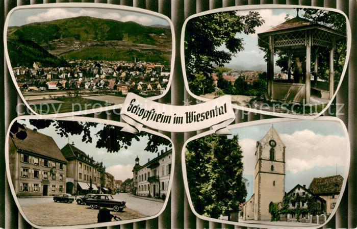 Schopfheim Panorama Hauptstrasse Innenstadt Kirche Pavillon Statue