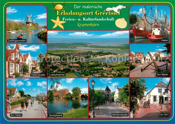 Greetsiel Zwillingsmuehlen Dorfmotive Hafen Fischkutter Schoepfwerk Markt