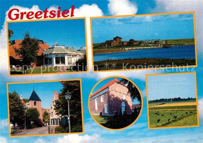Greetsiel Erholungsort Nordseekueste Dorfmotive Kirche Weideland Landschaftspano