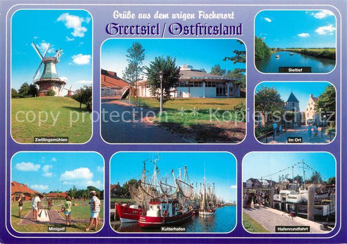 Greetsiel Zwillingsmuehlen Sieltief Ortsmotiv Minigolf Kutterhafen Hafenrundfahr