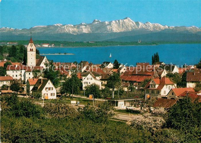 Immenstaad Bodensee Stadtbild mit Kirche Alpenpanorama