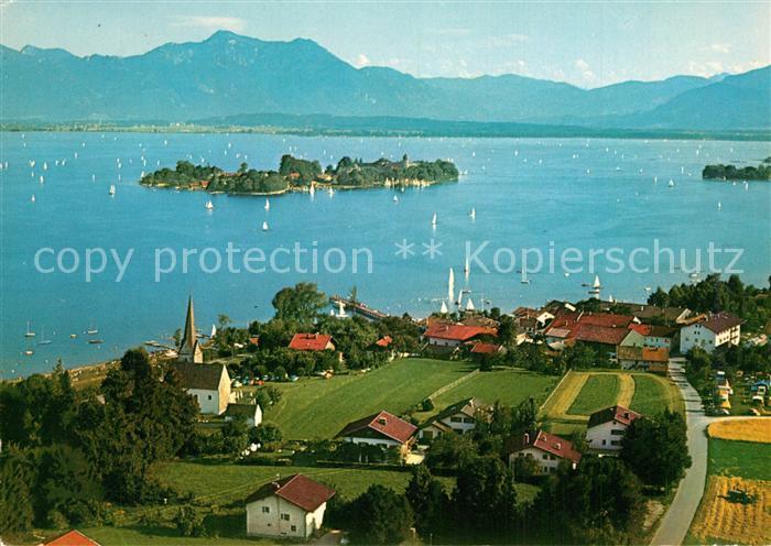 Gstadt Chiemsee Fraueninsel und Hochgern Chiemgauer Alpen Fliegeraufnahme