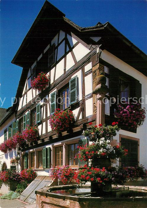 Saint-Hippolyte Haut-Rhin Brunnen Altes Fachwerkhaus Blumenschmuck