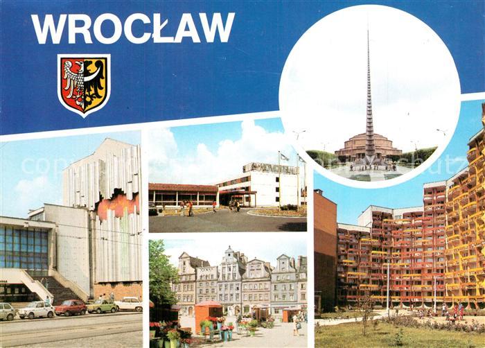 Wroclaw Iglica przed Hala Ludowa Dekoracja zewnetrzna gmachu Filharmonii Wroclaw