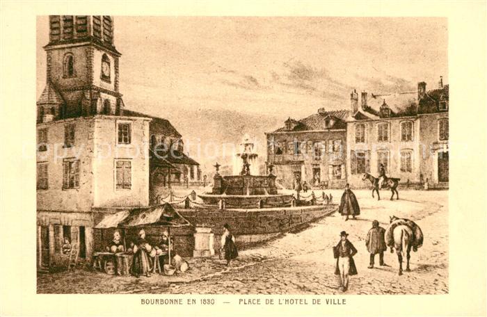 Bourbonne-les-Bains en 1830 Place de l Hôtel de Ville Fontaine Peinture Kuenstle