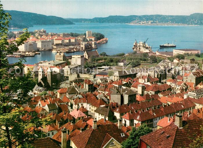Bergen Norwegen Panorama with the express coastal line in harbour