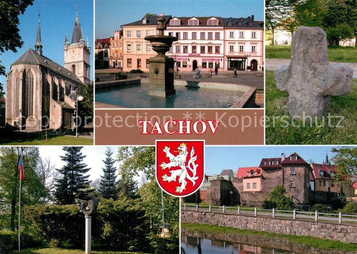 Tachov Kirche Brunnen Gedenkstein Stadtmauer Altstadt Park