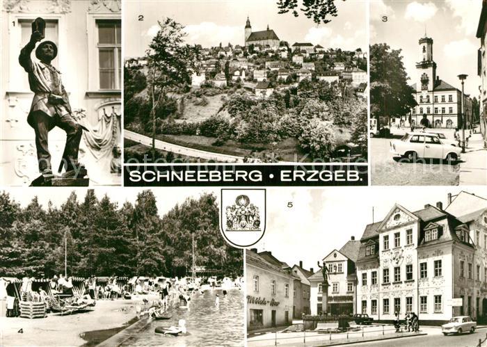 Schneeberg Erzgebirge Bergmannsbrunnen Teilansicht Rathaus Ernst Thaelmann Platz