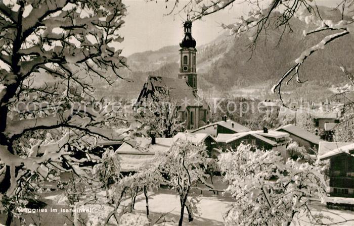 Lenggries Ortsansicht mit Kirche Winterpanorama