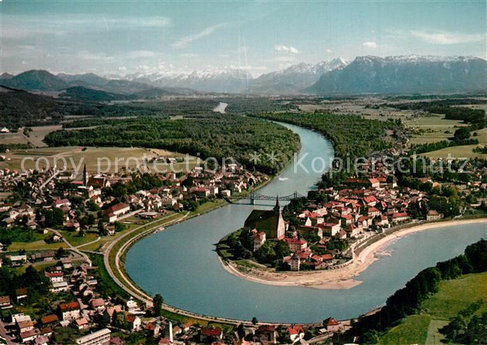 Laufen Salzach Fliegeraufnahme mit Salzburger Alpen