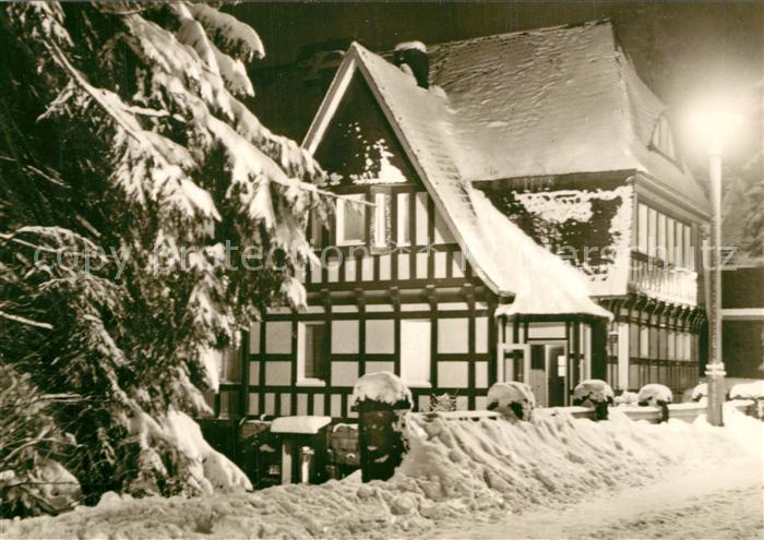 Oberhof Thueringen FDGB Erholungsheim Haus Rennsteig im Winter Nachtaufnahme