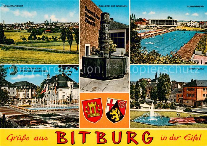 Bitburg Panorama Brauerei mit Brunnen Schwimmbad Neue Anlage am Maximiner Waeldc