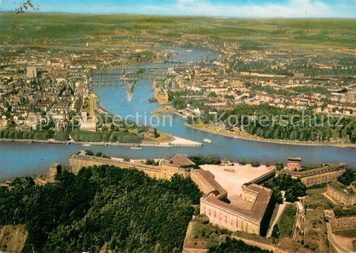 Koblenz Rhein Fliegeraufnahme mit Festung Ehrenbreitstein und Deutsches Eck