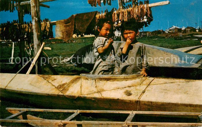 Eskimos Inuit Children in Sealskin Kayak Alaska