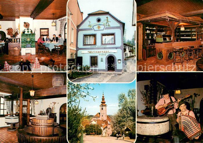 Eibiswald Steiermark Gasthaus Zur Weinpresse Gastraeume Bar Kirche Musikerduo
