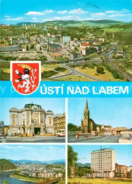 Usti nad Labem Stadtpanorama Sehenswuerdigkeiten Kirche Hochhaus Hotel Wappen