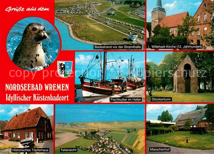 Wremen Badestrand vor der Strandhalle Willehadi Kirche Fischkutter Glockenturm T