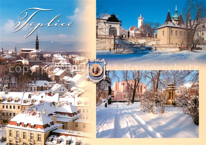Teplice Panorama Kolestuj Tuermchen mit Vogeltreppe Kolostuj Brunnen und Erzgebi