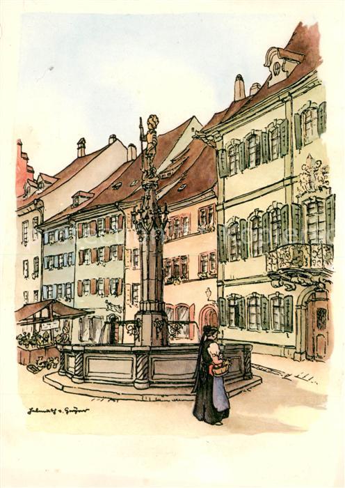 Freiburg Breisgau Gotischer Brunnen Muensterplatz Zeichnung