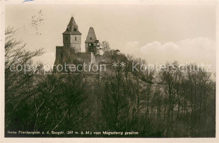 Muehltal Hessen Burgruine Frankenstein an der Bergstrasse vom Magnetberg gesehen