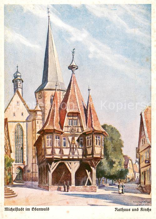 Michelstadt Rathaus und Kirche Kuenstlerkarte