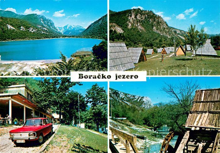 Konjic Boracko jezero Landschaftspanorama See Wasserrad Ferienhaeuser