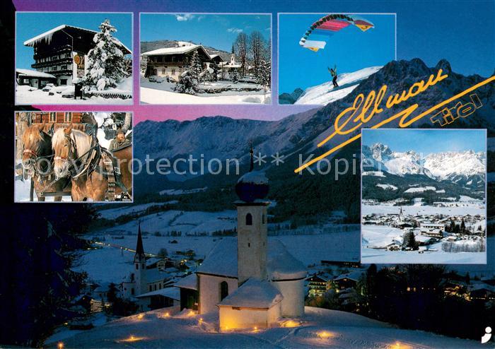 Ellmau Tirol Teilansichten Haflinger Gleitschirmflieger Ortsmotiv bei Nacht