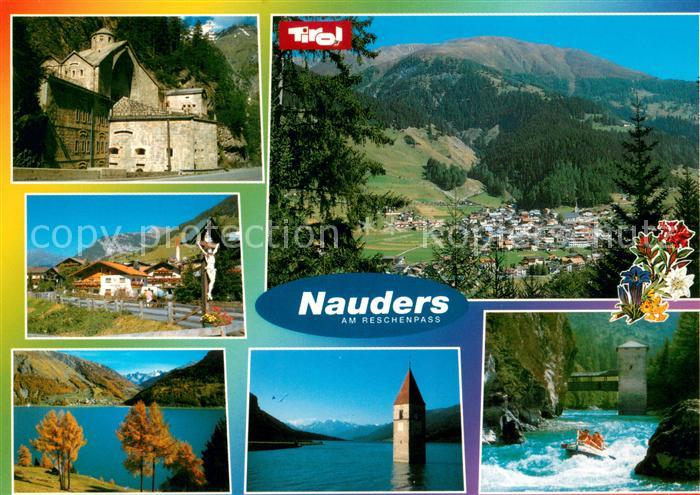 Nauders Tirol Panorama Kapelle Wegekreuz Kirchturm im Wasser Rafting