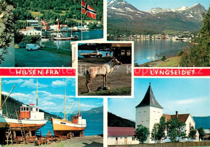 Lyngseidet Hafen Fischerboote Rentier Kirche Landschaftspanorama Berge