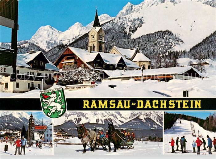 Ramsau Dachstein Steiermark Kirche mit Dachstein Skipisten Pferdeschlitten