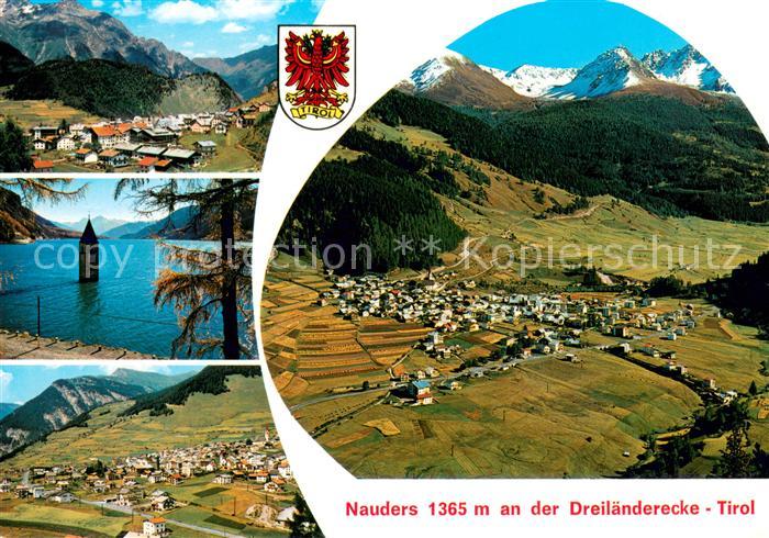 Nauders Tirol Panorama Reschensee mit Kirchturm Fliegeraufnahmen