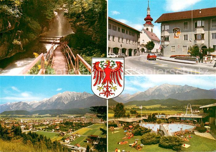 Wattens Wasserfall Rathausplatz Panorama mit Bettlwurf Alpenbad