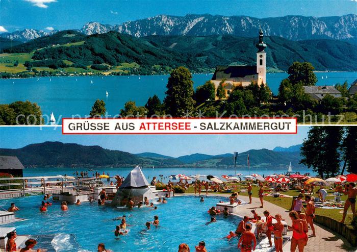 Attersee Freibad Liegewiese Panorama Kirche Alpen