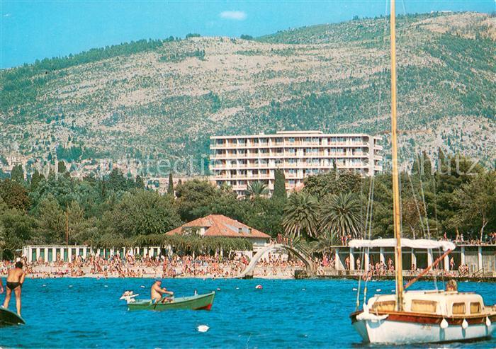 Dubrovnik Ragusa Ansicht vom Meer aus Segelboot Strand Hotels Berge