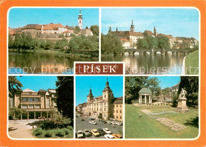 Pisek Tschechien Stadtbild mit Wottawa BBruecke Theater Rathaus Park Denkmal