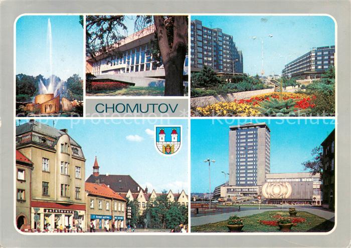 Chomutov Stadtmotive Gebaeude Hochhaus Fontaene