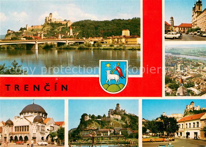 Trencin Trentschinteplitz Blick ueber die Waag zur Burg Synagoge Freibad