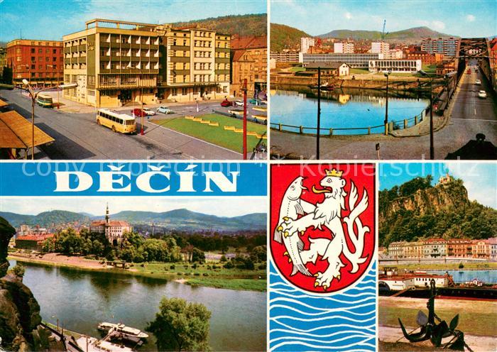 Decin Boehmen Hotel Grand Restaurace Atlantik Schloss Partie am Fluss Wappen